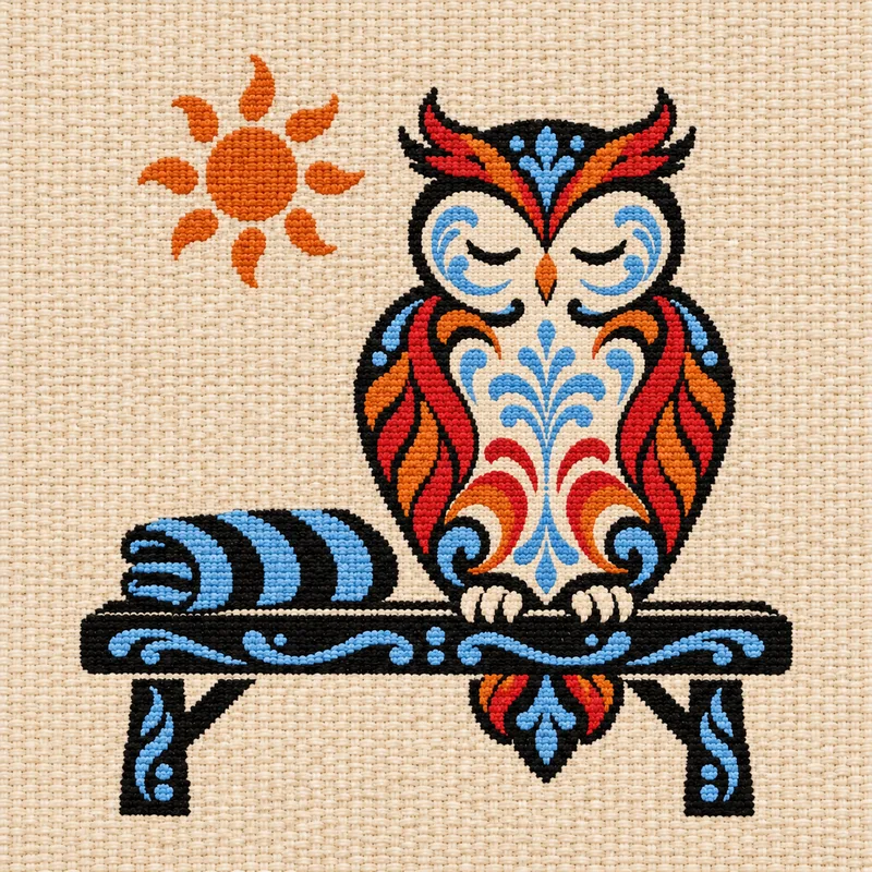 The Ånga owl on a bench beside a towel, woven in wool